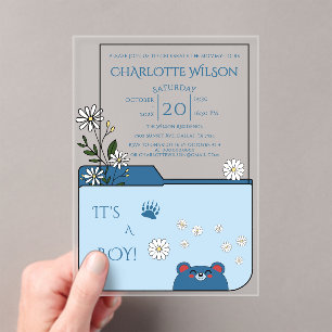 It's A Boy! Cute Bear & Daisy Flowers Baby Shower Acrylic Invitations