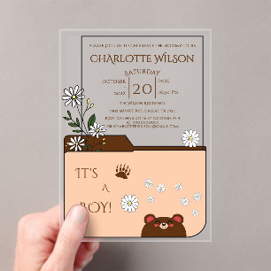 It's A Boy! Cute Bear & Daisy Flowers Baby Shower Acrylic Invitations