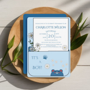 It's A Boy! Cute Bear & Daisy Flowers Baby Shower Invitation