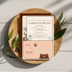 It's A Boy! Cute Bear & Daisy Flowers Baby Shower Invitation