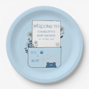 It's A Boy! Cute Bear & Daisy Flowers Baby Shower Paper Plate