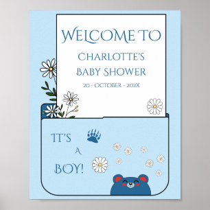 It's A Boy! Cute Bear & Daisy Flowers Baby Shower Poster