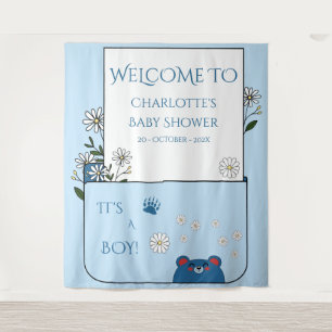 It's A Boy! Cute Bear & Daisy Flowers Baby Shower Tapestry