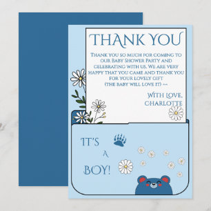 It's A Boy! Cute Bear & Daisy Flowers Baby Shower Thank You Card