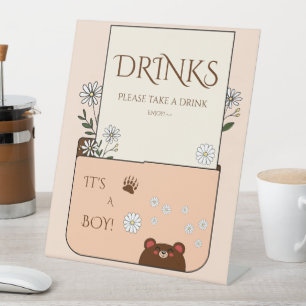 It's A Boy! Cute Bear & Daisy Flowers Drinks Pedestal Sign