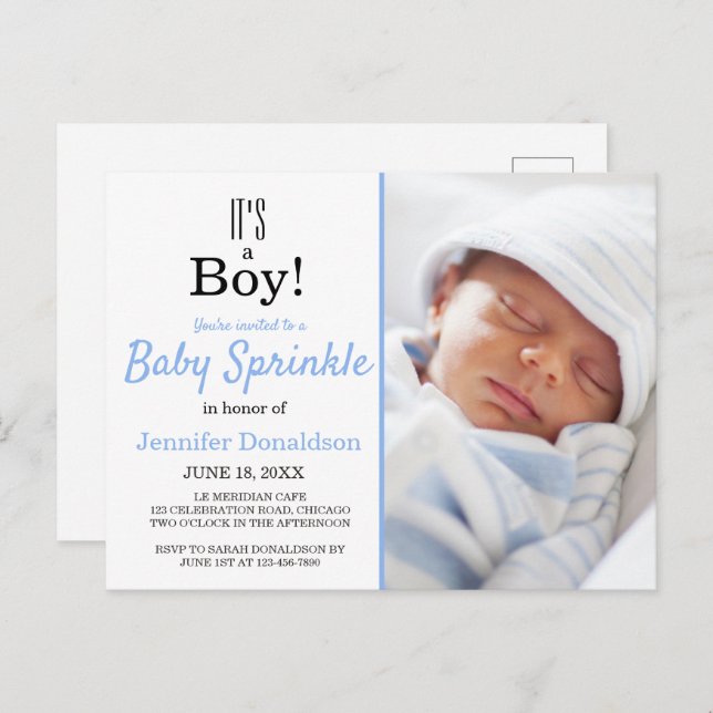 It's A Boy Cute Blue Baby Sprinkle Invitation Postcard (Front/Back)