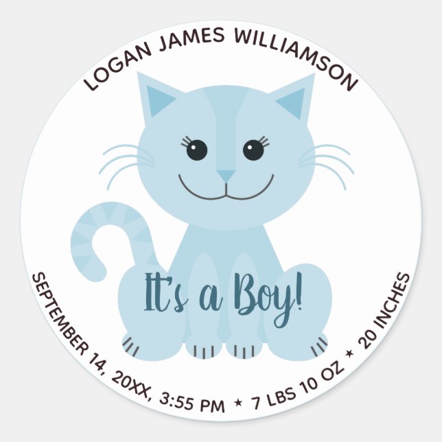 Its a Boy Cute Blue Cat Kitten Baby Birth Stats Classic Round Sticker (Front)