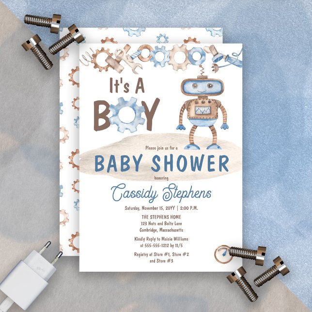 It's A Boy Cute Blue | Greige Robot Baby Shower  Invitation (It's A Boy Cute Blue and Greige Robot Baby Shower Invitation)