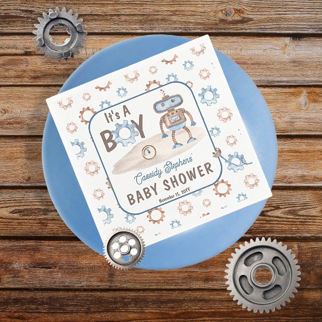 It's A Boy Cute Blue | Greige Robot Baby Shower Napkin (Blue, greige and white "It's A Boy" Cute Robot-Themed Baby Shower Paper Napkins)