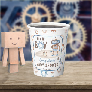 It's A Boy Cute Blue   Greige Robot Baby Shower Paper Cups