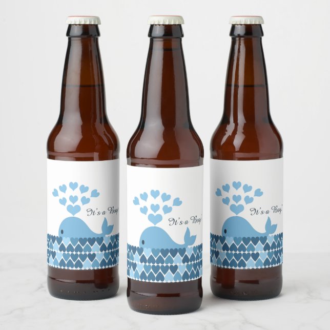 It's a boy Cute Blue Whale  and Hearts Beer Bottle Label (Bottles)
