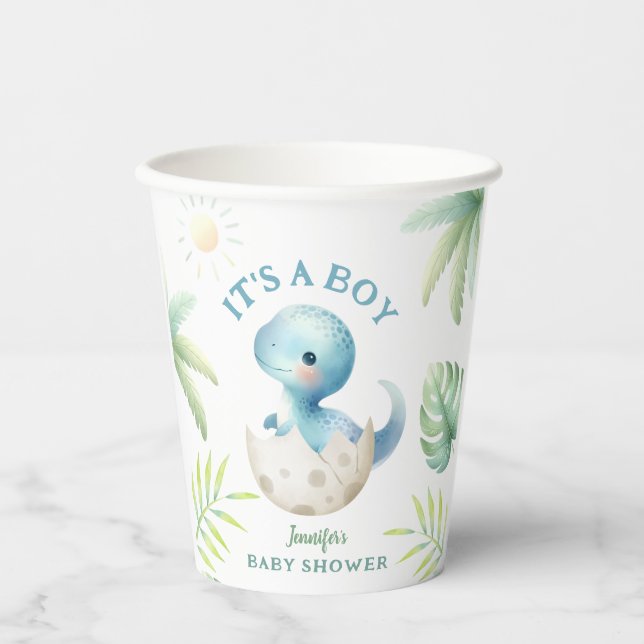 It's a Boy! Cute Dino Boy Dinosaur Baby Shower Paper Cups (Front)
