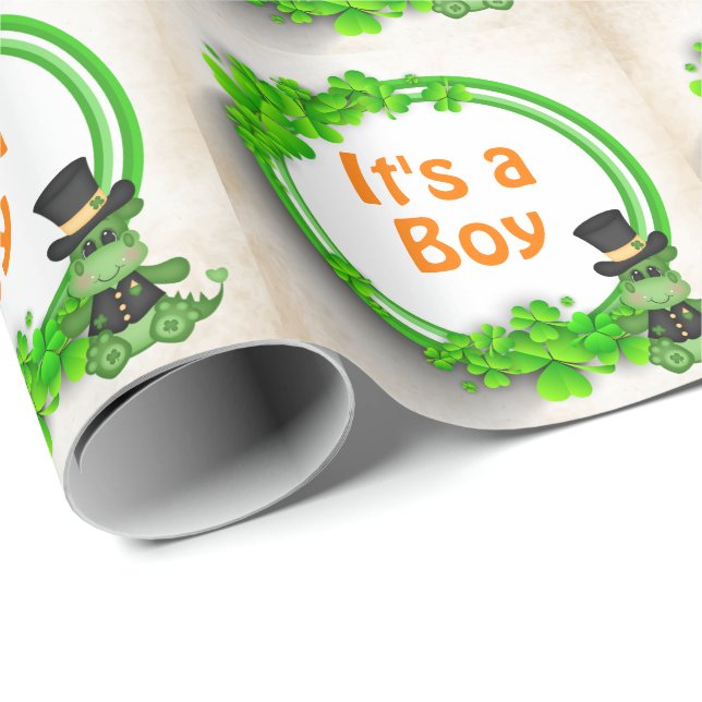 It's a Boy Cute Dragon n Clovers Irish Baby Shower Wrapping Paper (Roll Corner)