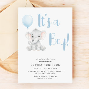It's a Boy Cute Elephant Pastel Blue Baby Shower Invitation