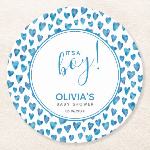 It's A Boy Cute heart baby shower Round Paper Coaster