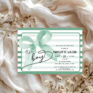It's a Boy Cute Mint Bow Stripes Baby Shower Invitation