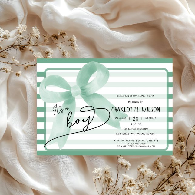 It's a Boy Cute Mint Bow Stripes Baby Shower Invitation (Creator Uploaded)