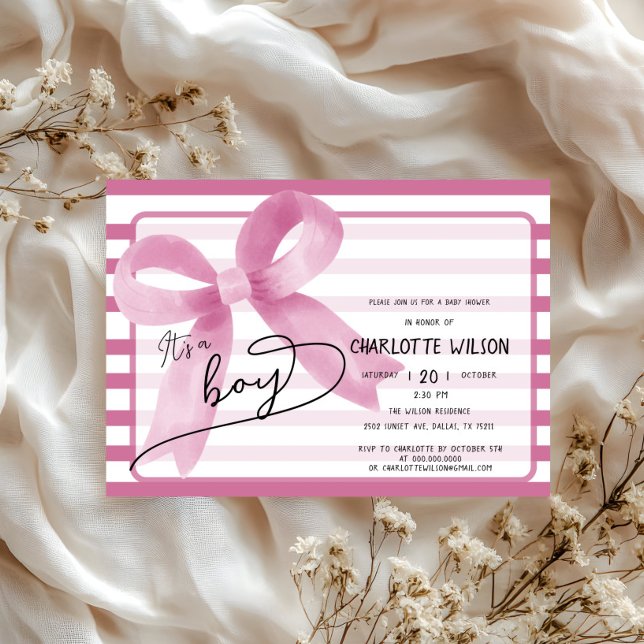 It's a Boy Cute Pink Bow Stripes Baby Shower Invitation (Creator Uploaded)