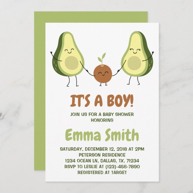 It's a Boy Cute Plaid Avocado Baby Shower Invitation (Front/Back)