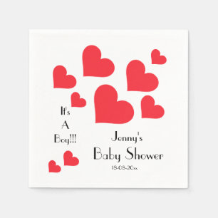 It's A Boy!!! - Cute Red Hearts Custom Baby Shower Napkin