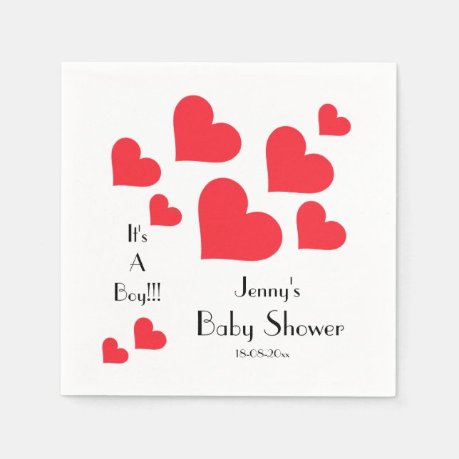It's A Boy!!! - Cute Red Hearts Custom Baby Shower Napkin (Front)