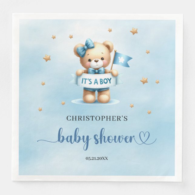 It's a boy cute teddy bear boy baby shower napkin (Front)