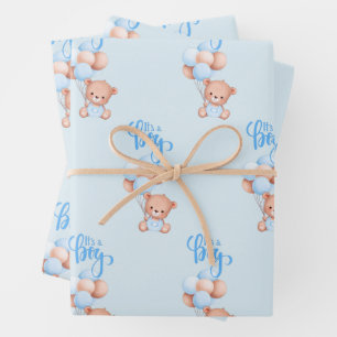 It's a Boy Cute Teddy Bear Toy with Balloons   Wrapping Paper Sheet