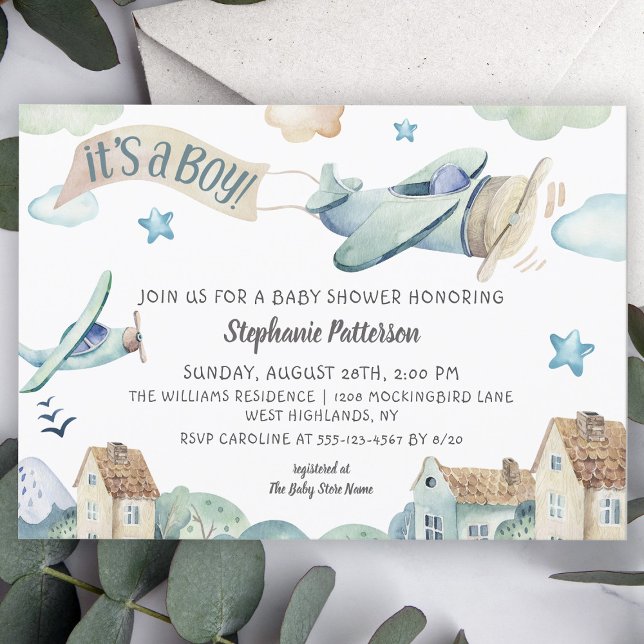 It's a Boy Cute Watercolor Aeroplanes Baby Shower Invitation (Creator Uploaded)