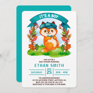 It's a Boy  Cute Watercolor Fox Baby Shower Invitation