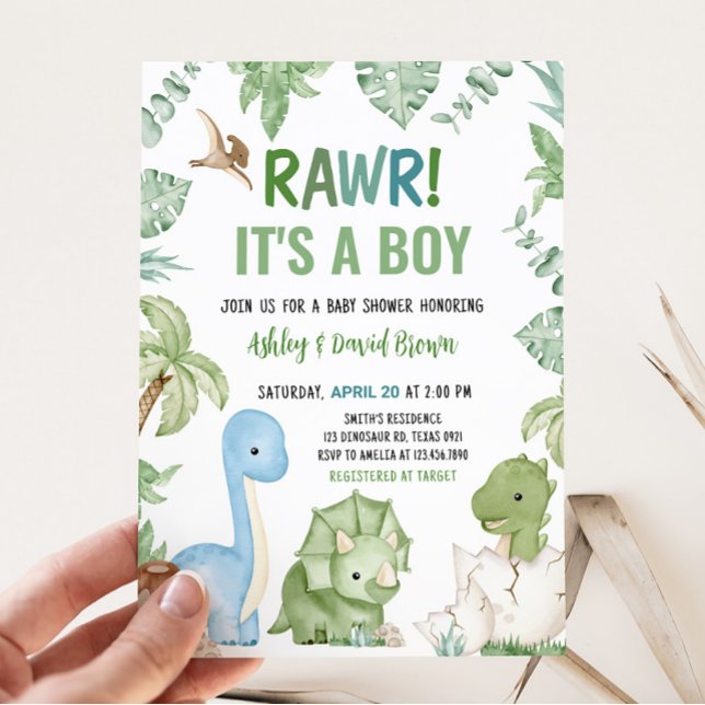 It's A Boy Dinosaur Baby Shower Invitation (Greenery Boy Dinosaur Baby Shower Invitation)