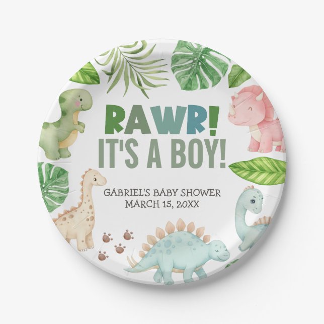 It's a Boy Dinosaur Baby Shower Paper Plate (Front)