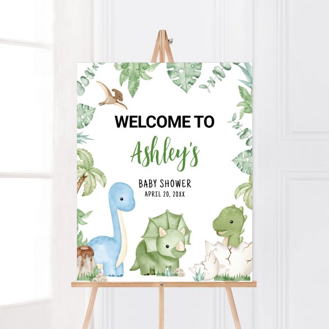 It's A Boy Dinosaur Baby Shower Welcome Poster (Greenery Boy Dinosaur Baby Shower Welcome Sign)