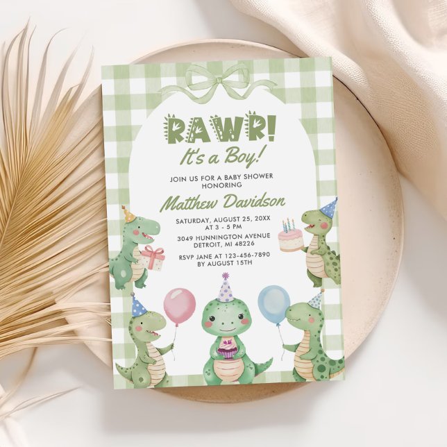 It's A Boy Dinosaur Gingham Baby Shower Invitation (Creator Uploaded)