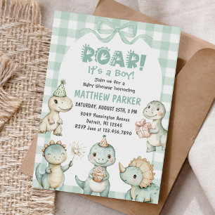 It's A Boy Dinosaur Gingham Baby Shower Invitation