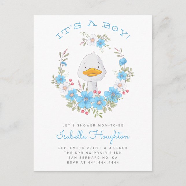 It's A Boy! Duck & Blue Floral Wreath Baby Shower Invitation Postcard (Front)