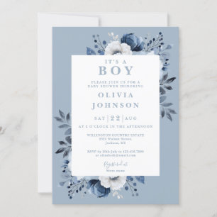 Its A Boy Dusty Blue Floral All In One Baby Shower Invitation