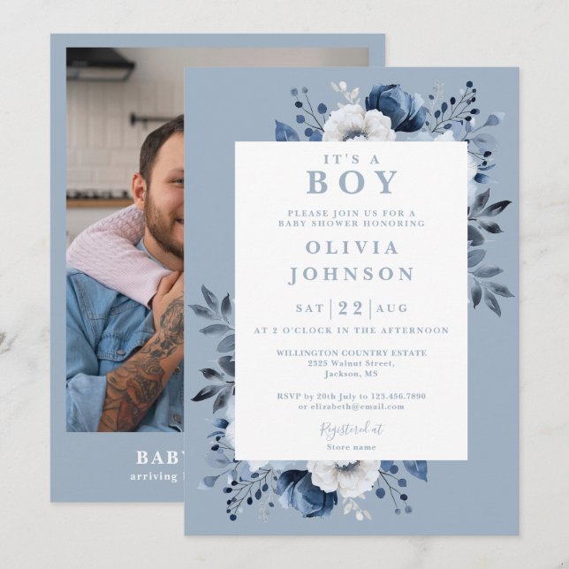 Its A Boy Dusty Blue Floral Photo Baby Shower Invitation (Front/Back)