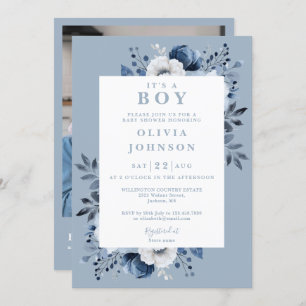 Its A Boy Dusty Blue Floral Photo QR Baby Shower Invitation