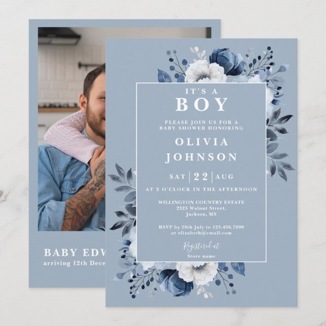 Its A Boy Dusty Blue Floral Photo QR Baby Shower Invitation (Front/Back)