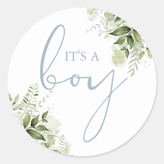 Its A Boy Dusty Blue Greenery Baby Shower Favour Classic Round Sticker (Front)