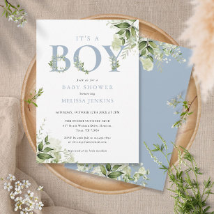 Its A Boy Dusty Blue Greenery Letter Baby Shower Invitation