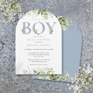 Its A Boy Dusty Blue Greenery Letter Baby Shower Invitation