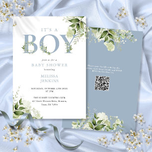 Its A Boy Dusty Blue Greenery QR Code Baby Shower Invitation