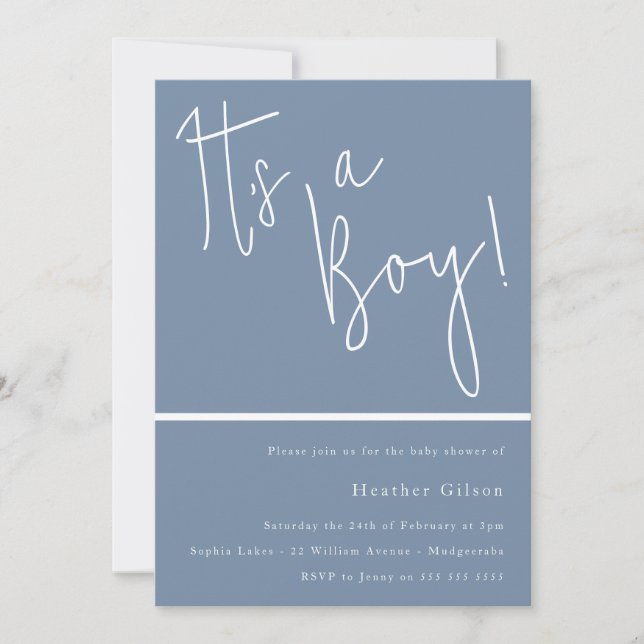 It's a boy! Dusty Blue Modern Boys Baby Shower Invitation (Front)