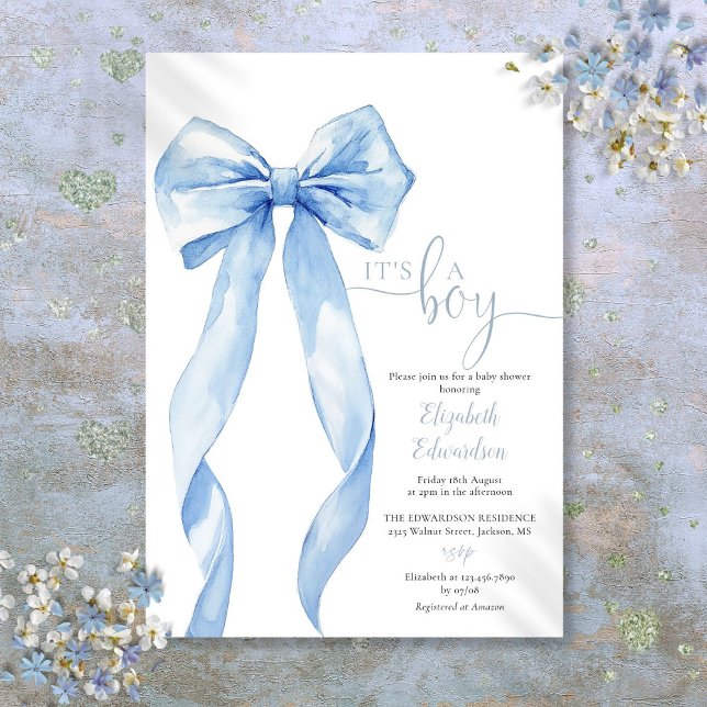 Its A Boy Elegant Blue Bow Baby Shower Invitation (Its A Boy Elegant Blue Bow Baby Shower Invitation)