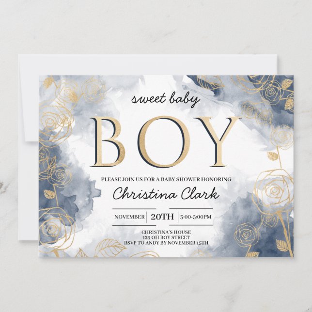 It's A Boy Elegant Gold Navy Blue Baby Shower Invitation (Front)