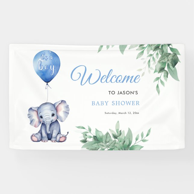 It's a Boy Elephant Balloon Blue Baby Shower Banner (Horizontal)