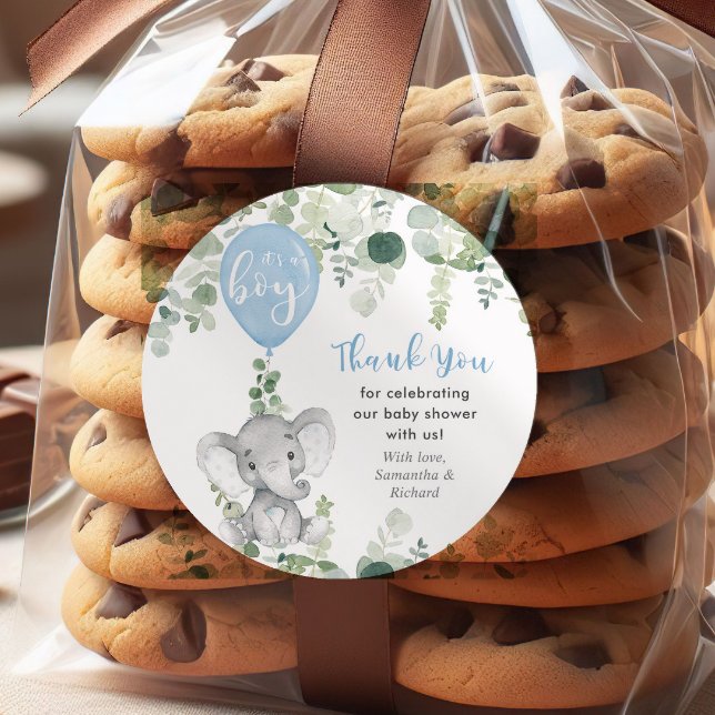 It's a boy elephant balloon greenery baby shower classic round sticker (Creator Uploaded)