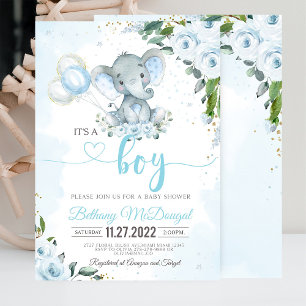 It's a Boy Elephant Blue Balloon Invitation