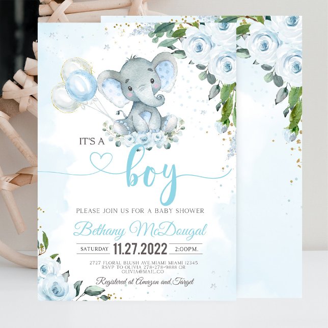 It's a Boy Elephant Blue Balloon Invitation (It's a Boy' baby shower invitation with an elephant and blue balloon design, perfect for a baby boy')